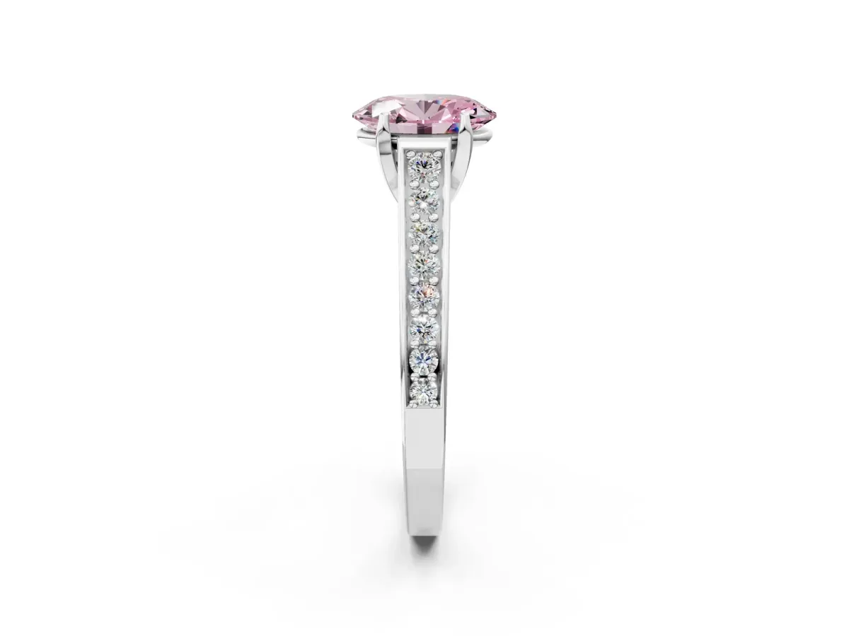 Fancy Pink Oval Cut Brilliant Cut Diamond Engagement Ring with Pavé Band and Four-Prong Setting Platinum