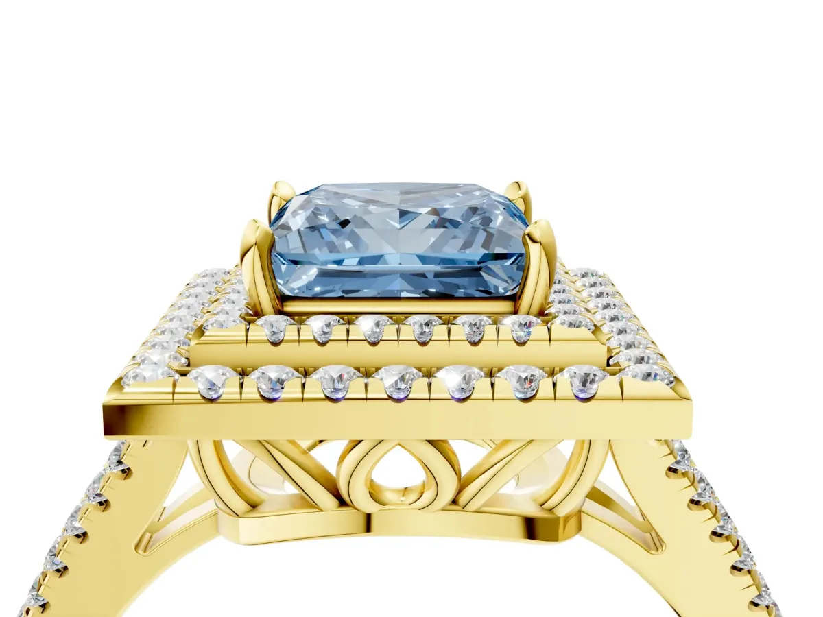 Fancy Blue Princess Cut Diamond Double Halo Ring with Pavé Band and Prong Setting Yellow gold