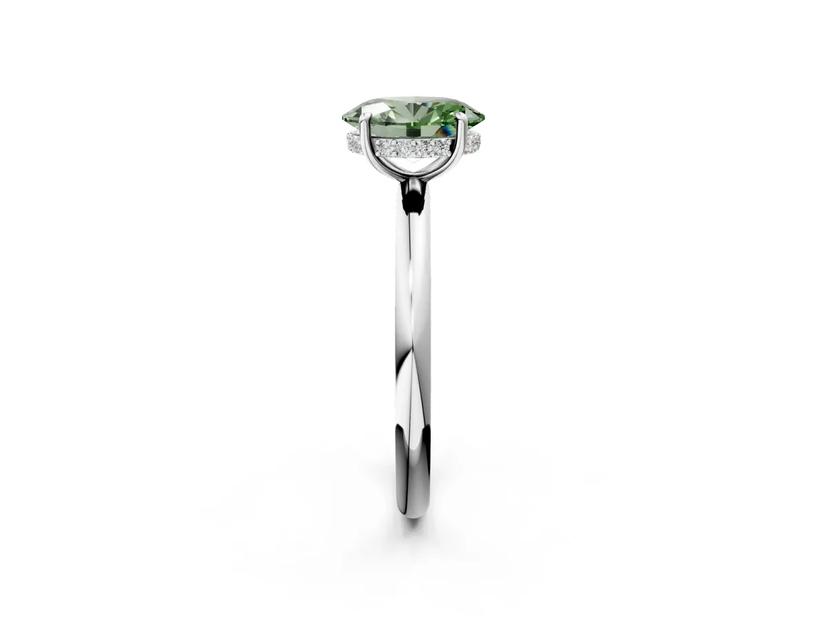 Fancy Green Oval Cut Diamond Solitaire Ring with Thin Band and Four-Prong Setting White gold