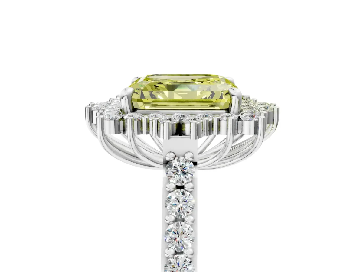 Fancy Yellow Asscher Cut Cut Diamond Sunburst Halo Engagement Ring with Pavé Band Platinum