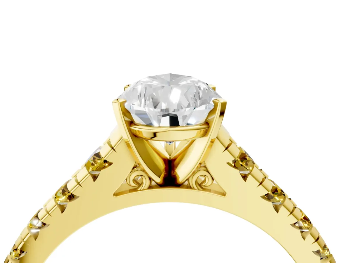 Pear Cut Diamond Cathedral Solitaire Ring with Round Yellow Sapphire Pavé Band Yellow gold