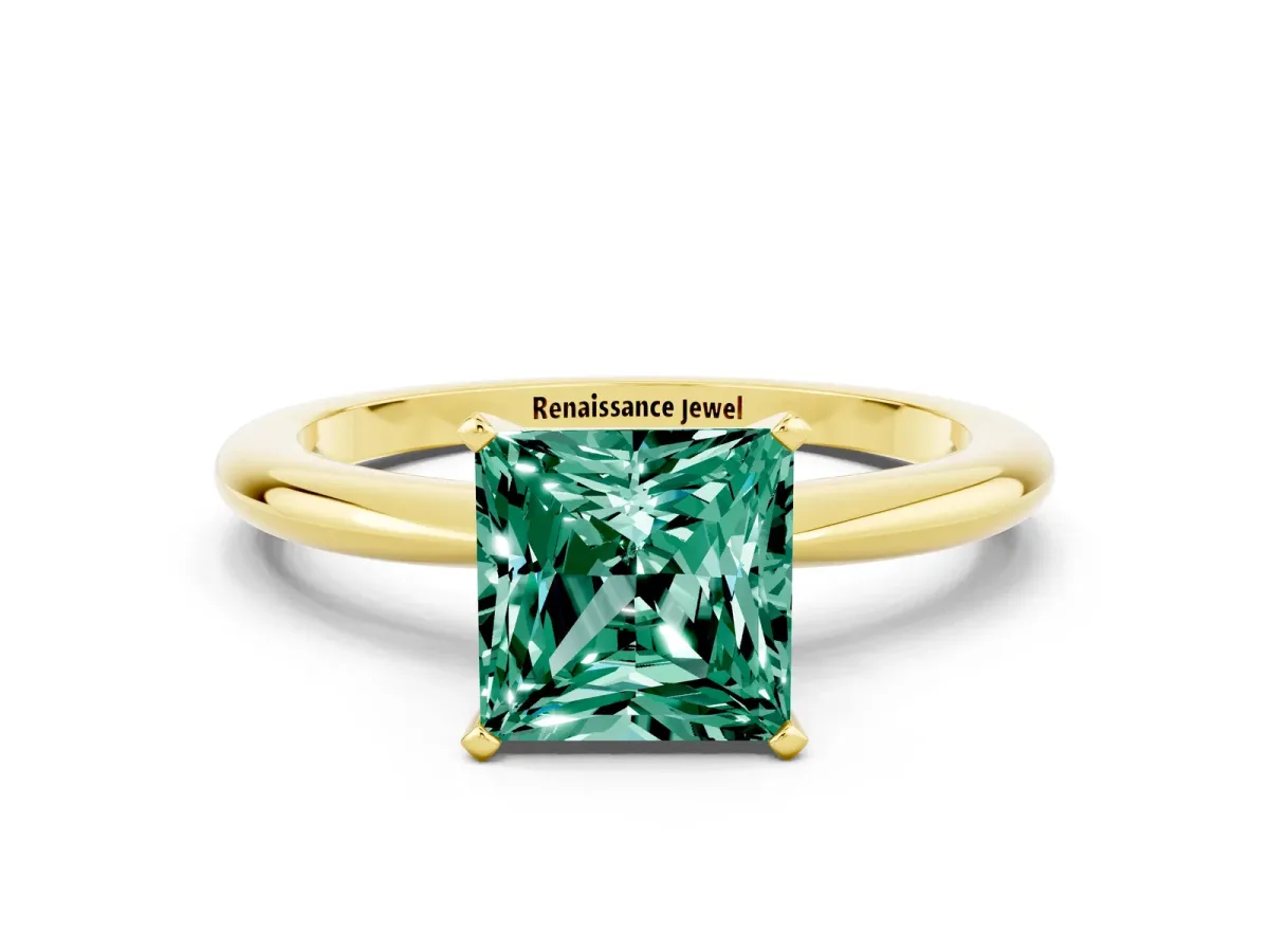 Princess Cut Green Sapphire Solitaire Ring with Six-Prong Setting and Classic Band Yellow gold