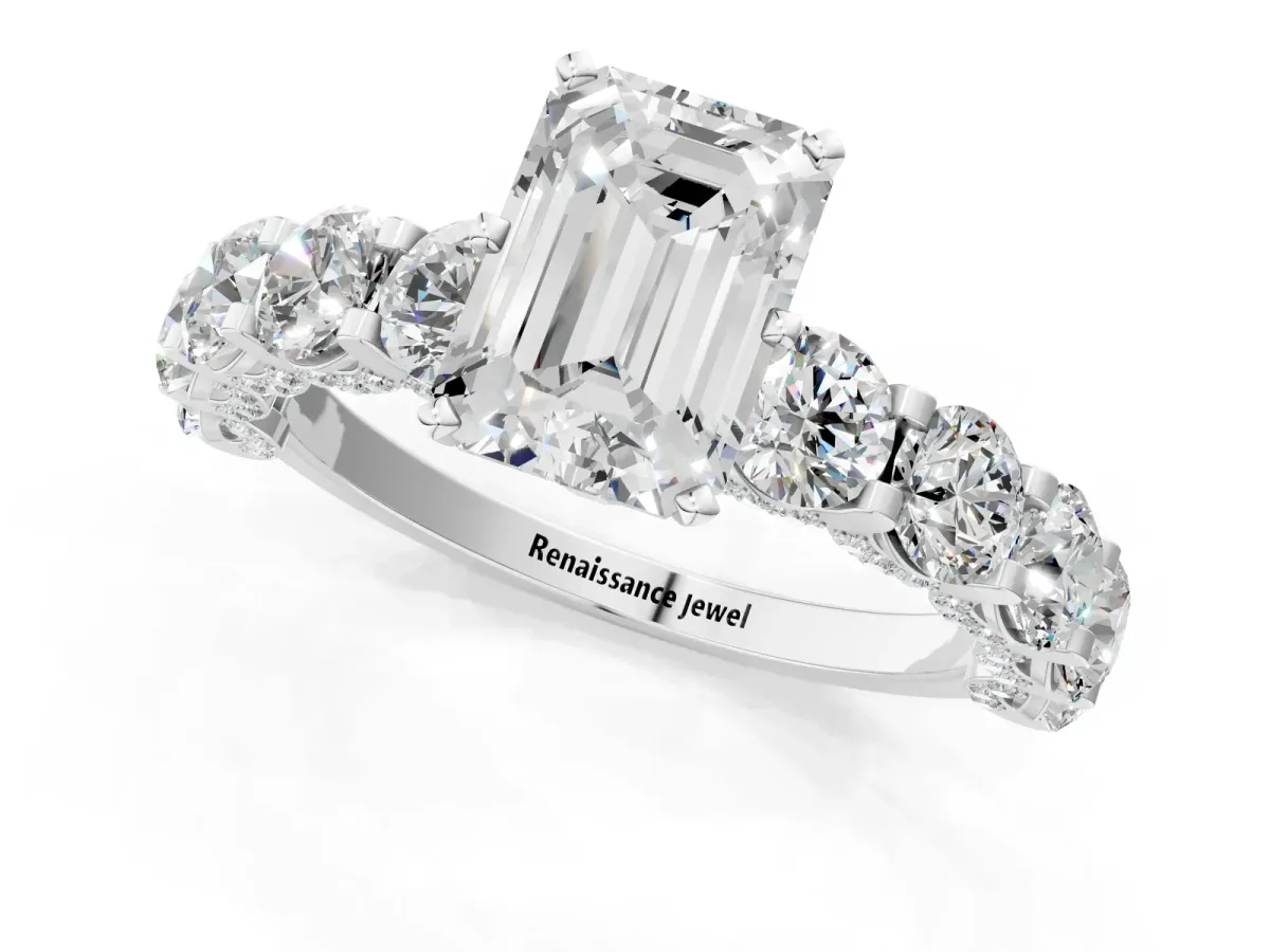 Emerald Cut Diamond Side Stone Engagement Ring with Four-Prong Setting White gold