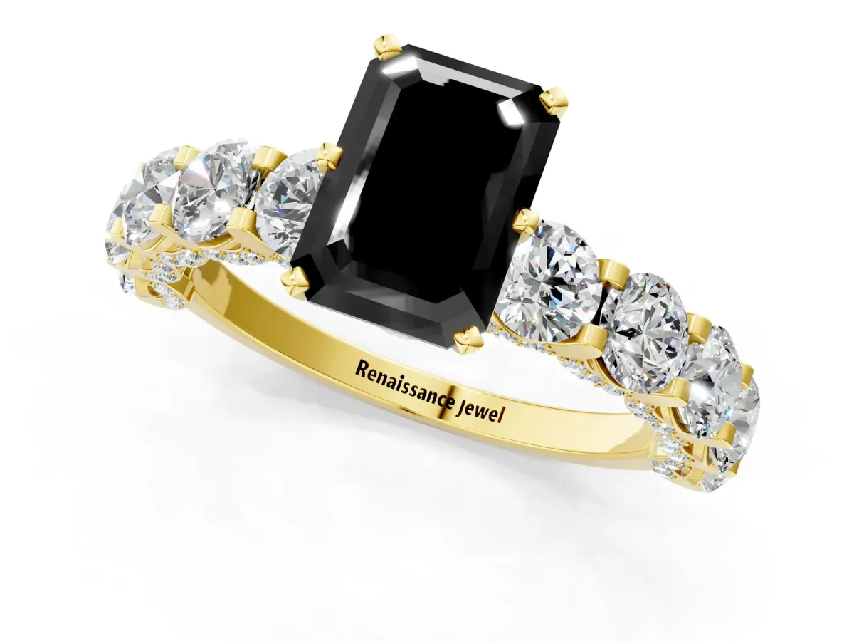 Fancy Black Emerald Cut Diamond Side Stone Engagement Ring with Four-Prong Setting Yellow gold
