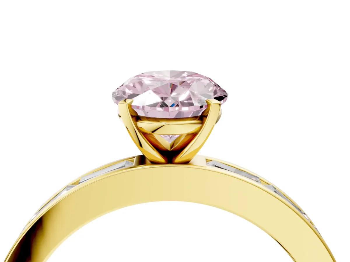 Fancy Pink Oval Cut Solitaire Diamond Ring with Channel-Set Baguette Band and Four-Prong Setting Yellow gold