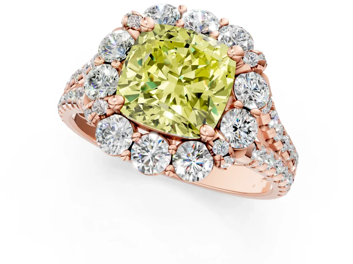 Fancy Yellow Cushion Cut Halo Split Shank Diamond Engagement Ring with Pave Band and Four-Prong Setting Rose gold