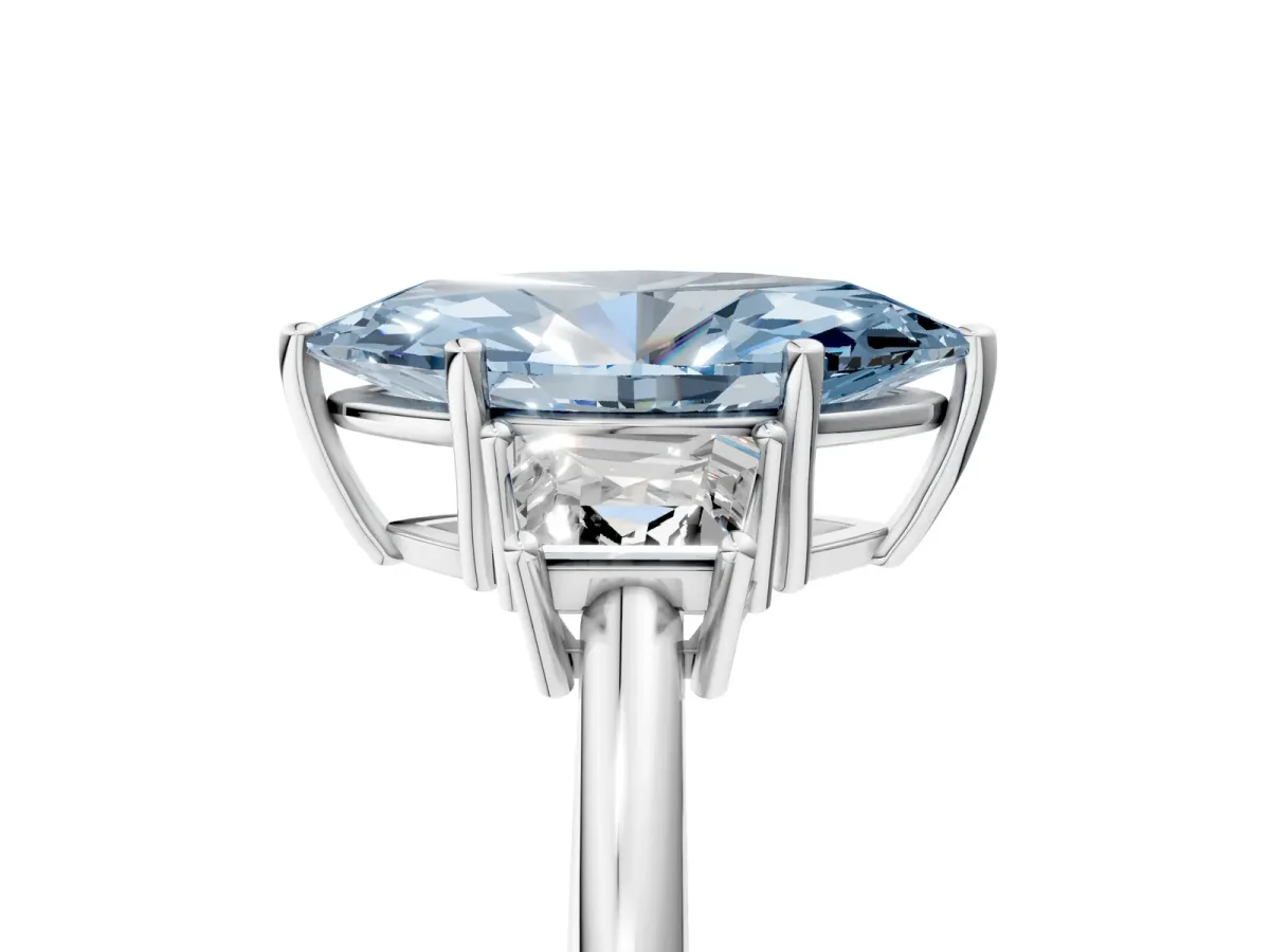Fancy Blue Marquise Cut Diamond Three-Stone Ring with Trapezoid Side Stones and Prong Setting Platinum