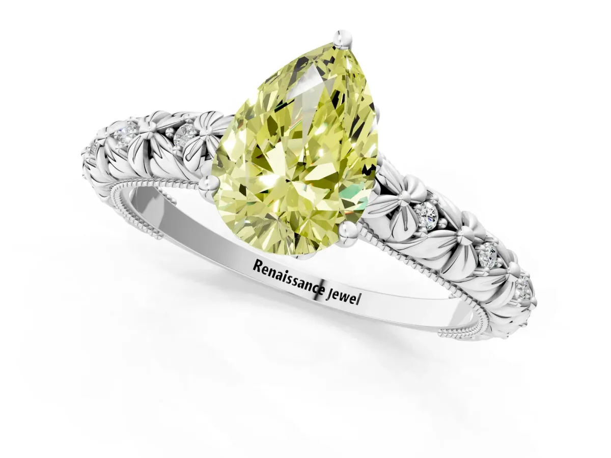 Fancy Yellow Pear Cut Solitaire Floral Milgrain Engagement Ring Platinum