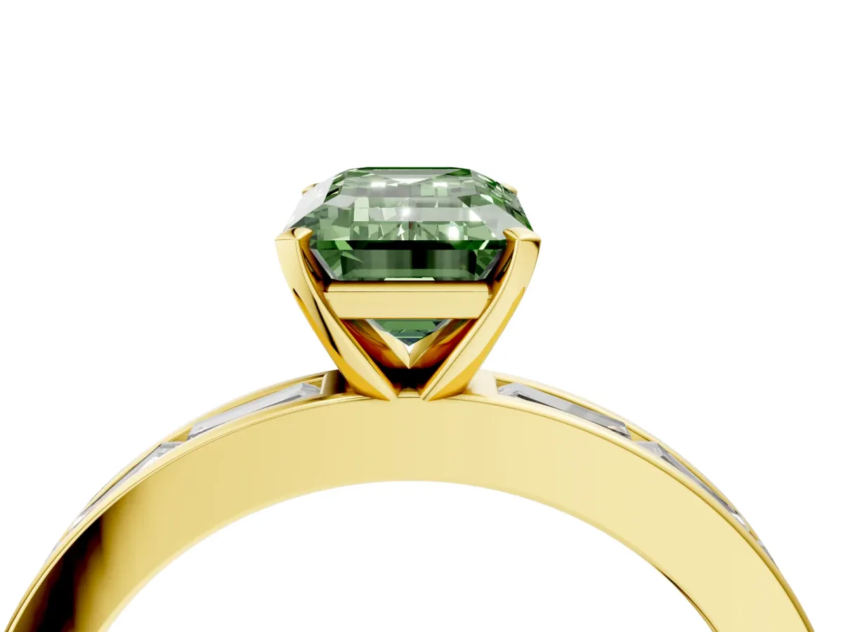 Fancy Green Emerald Cut Solitaire Diamond Ring with Channel-Set Baguette Band and Four-Prong Setting Yellow gold