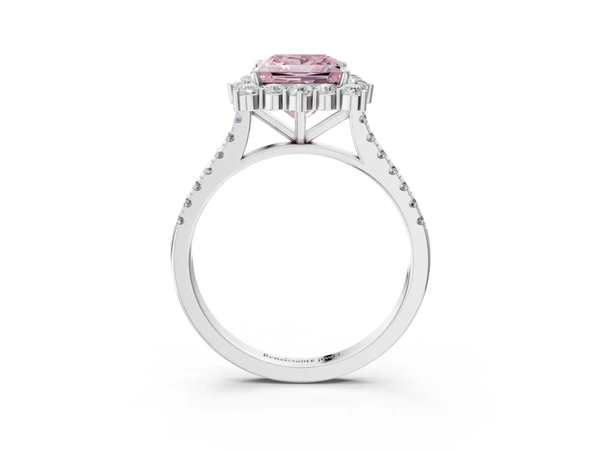 Fancy Pink Princess Cut Halo Diamond Ring with Pavé Band and Prong Setting White gold