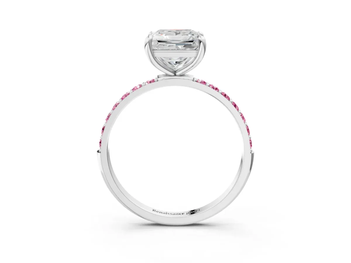 Princess Cut Diamond Solitaire Ring with Round Pink Sapphire Pavé Band and Prong Setting White gold