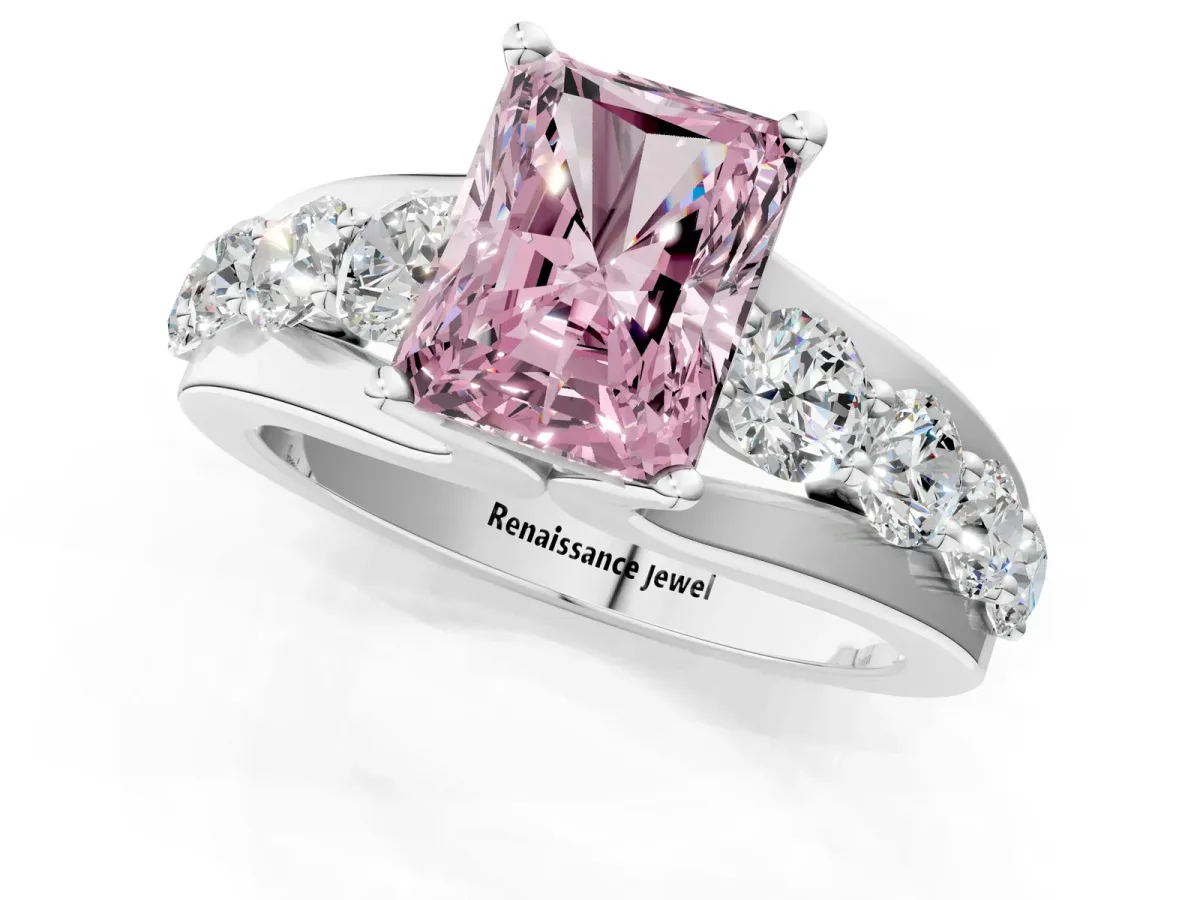 Fancy Pink Radiant Cut Brilliant Solitaire with Side Stones on a Pave Band and Four-Prong Setting Platinum