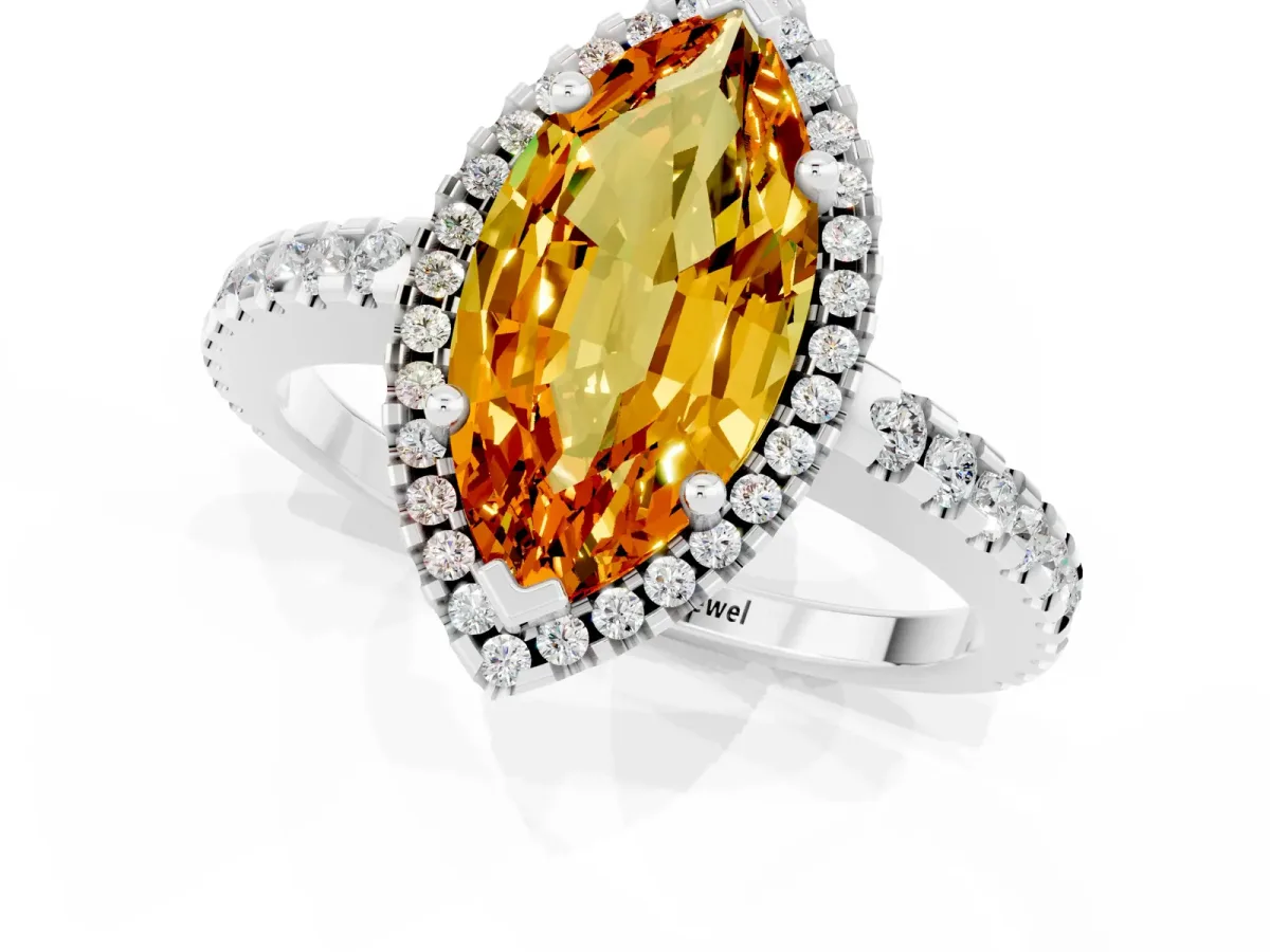 Marquise Cut Citrine Halo Engagement Ring with Pavé Band and Prong Setting White gold