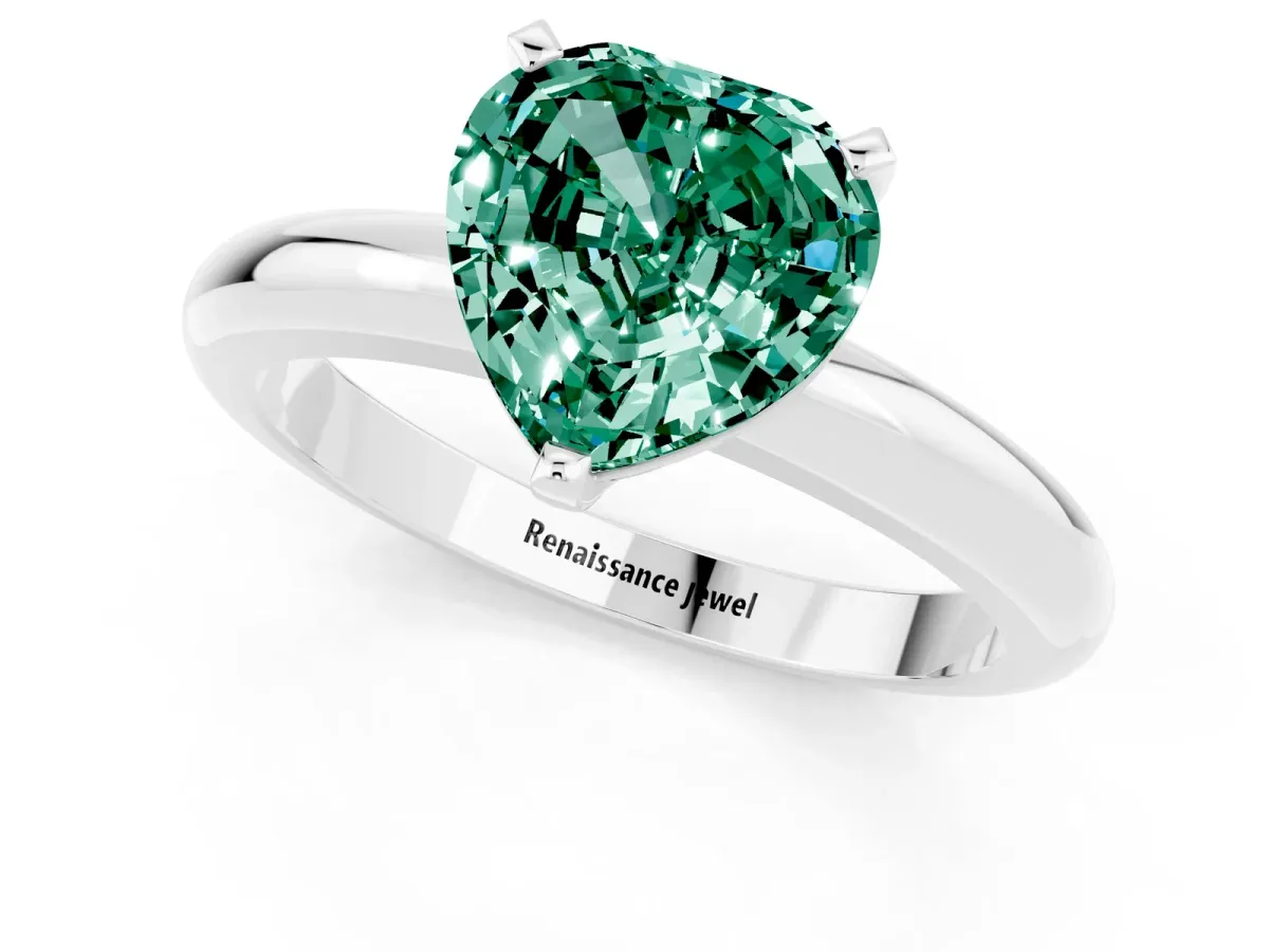 Heart Cut Green Sapphire Solitaire Engagement Ring with Round Band and Four-Prong Setting Platinum