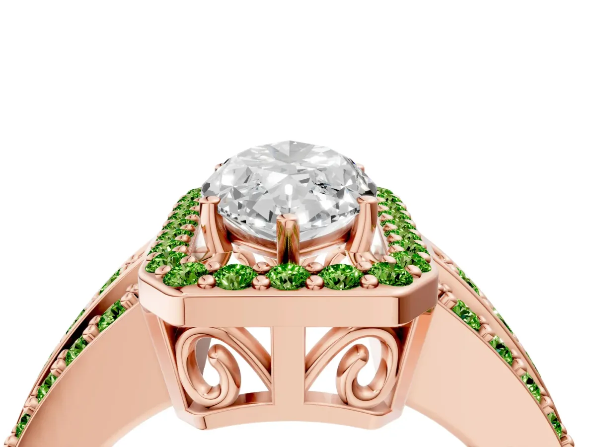 Marquise Cut Halo Diamond Ring with Round Peridot Split Shank and Prong Setting Rose gold