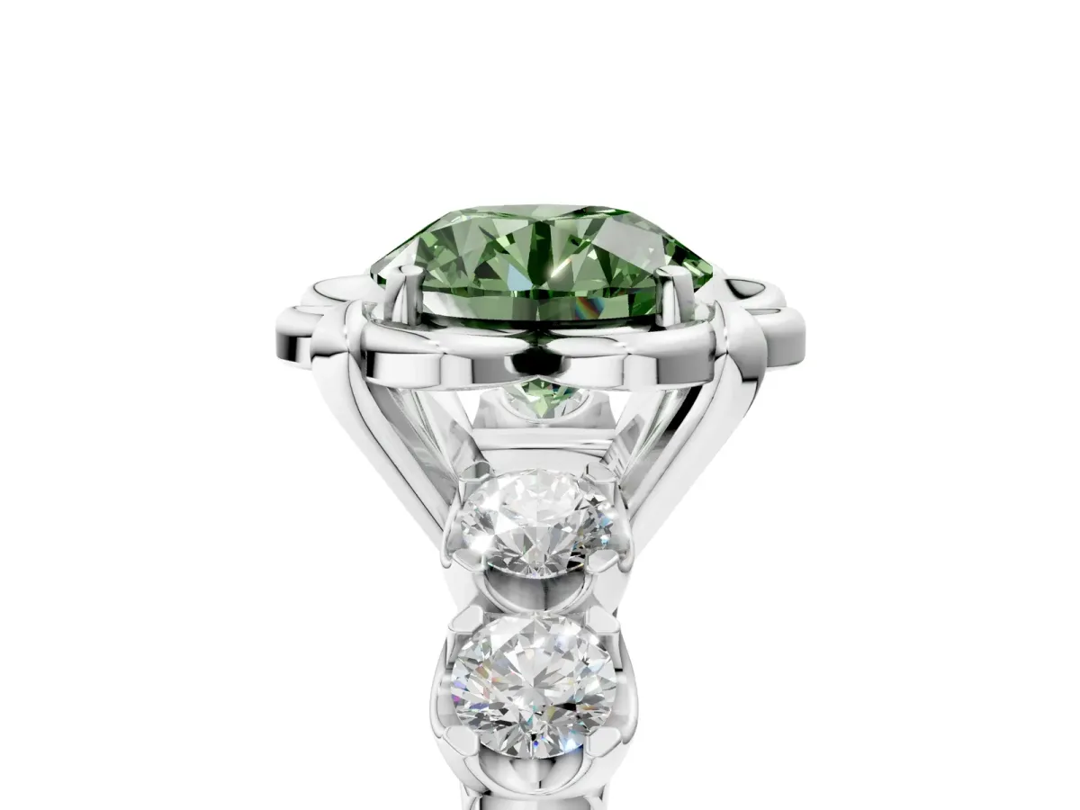 Fancy Green Round Cut Cut Diamond Floral Halo Engagement Ring with Shared Prong Setting Silver