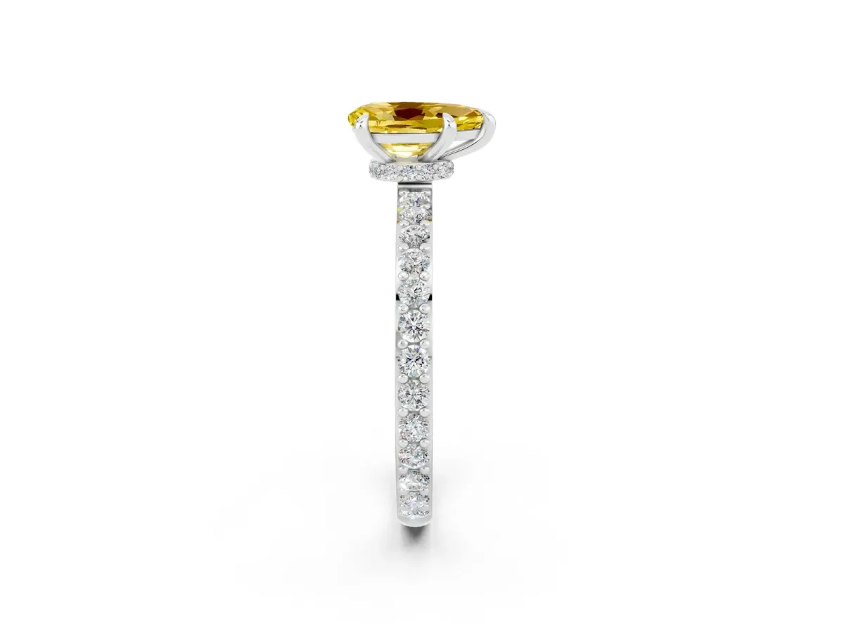 Pear Cut Yellow Sapphire Solitaire Engagement Ring with Pavé Band and Four-Prong Setting White gold