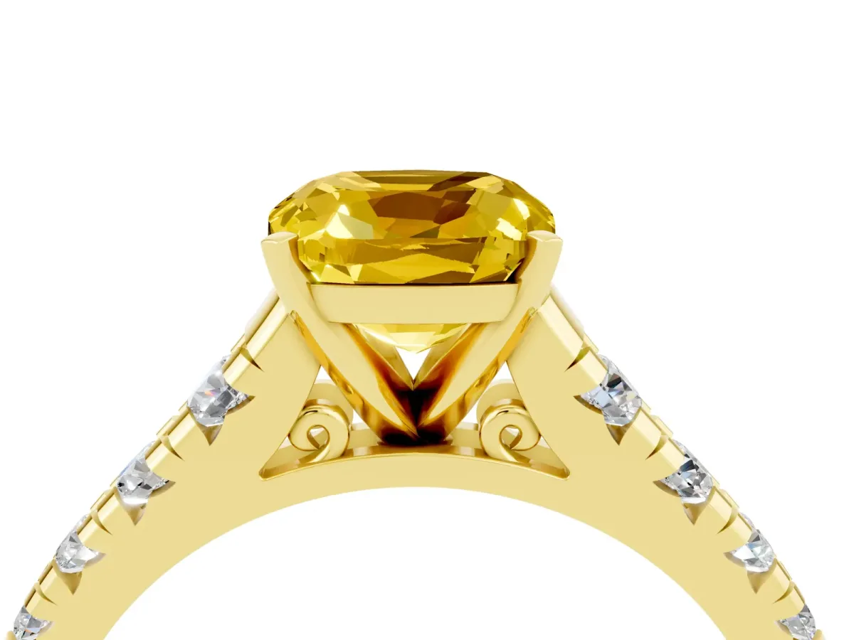 Cushion Cut Yellow Sapphire Cathedral Solitaire Ring with Round Pavé Band Yellow gold