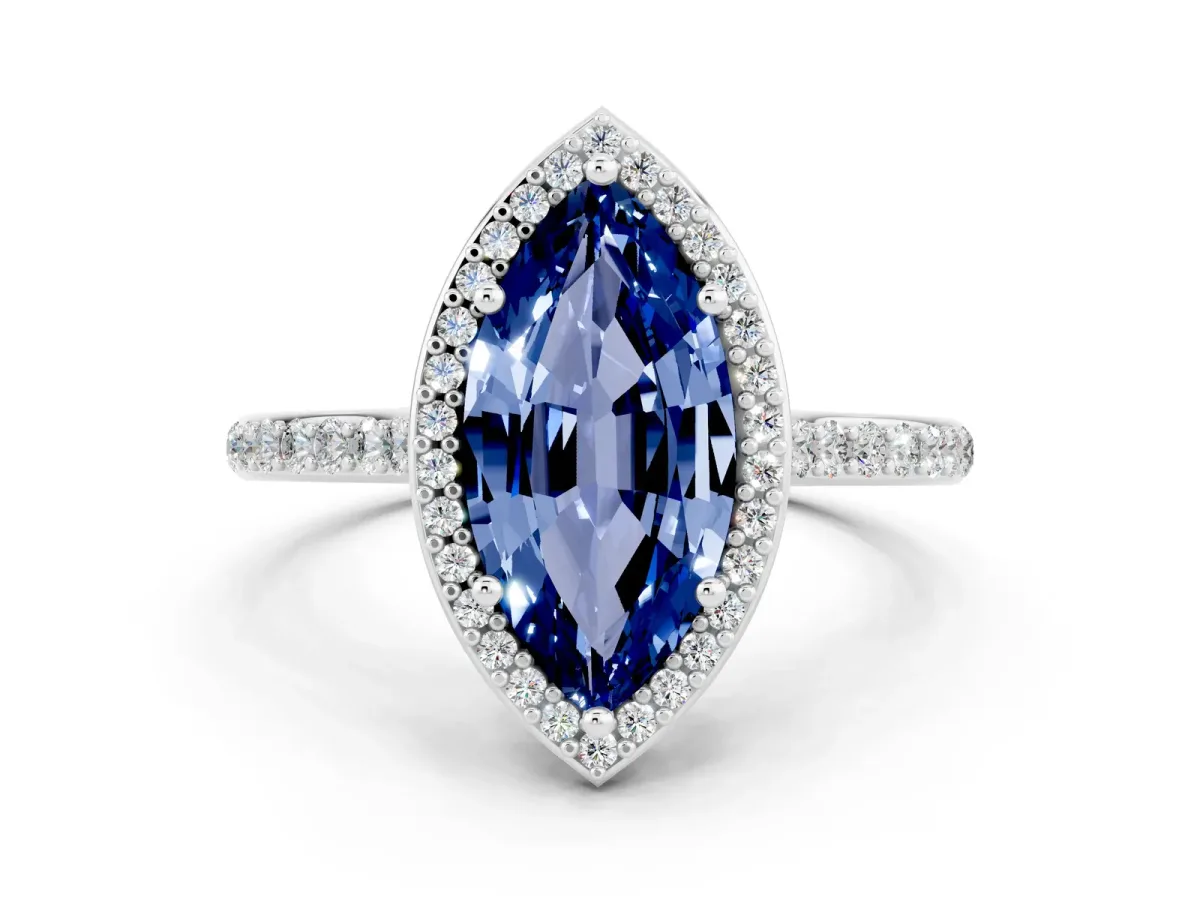 Marquise Cut Blue Sapphire Halo Engagement Ring with Round Pavé Shoulders and Prong Setting Platinum