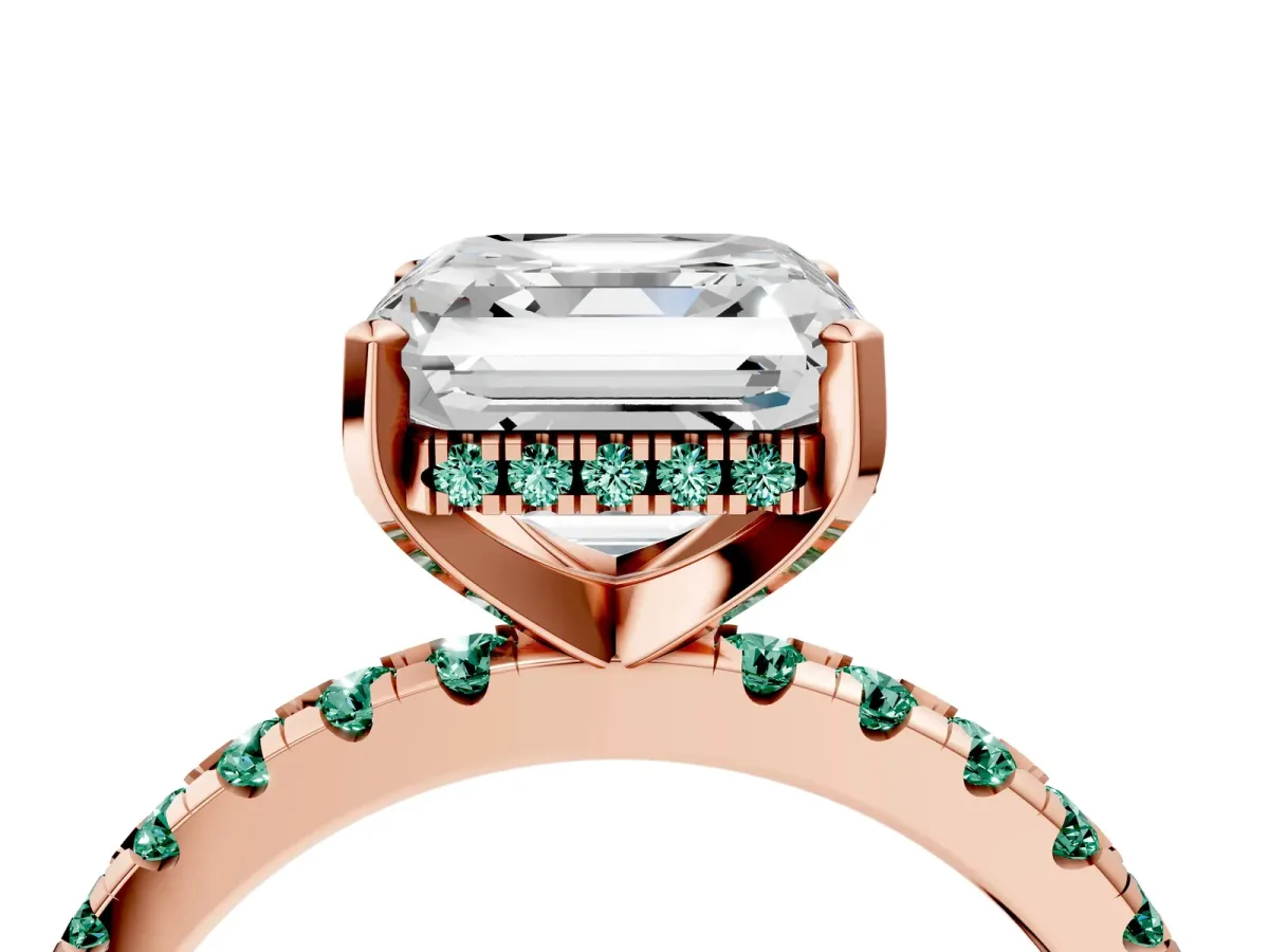 Asscher Cut Diamond Solitaire Ring with Round Green Sapphire Pavé Band and Four-Prong Setting Rose gold