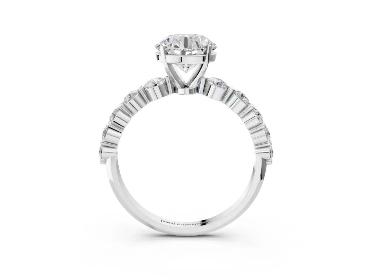 Round Cut Solitaire Diamond Ring with Pave Band and Four-Prong Setting Silver