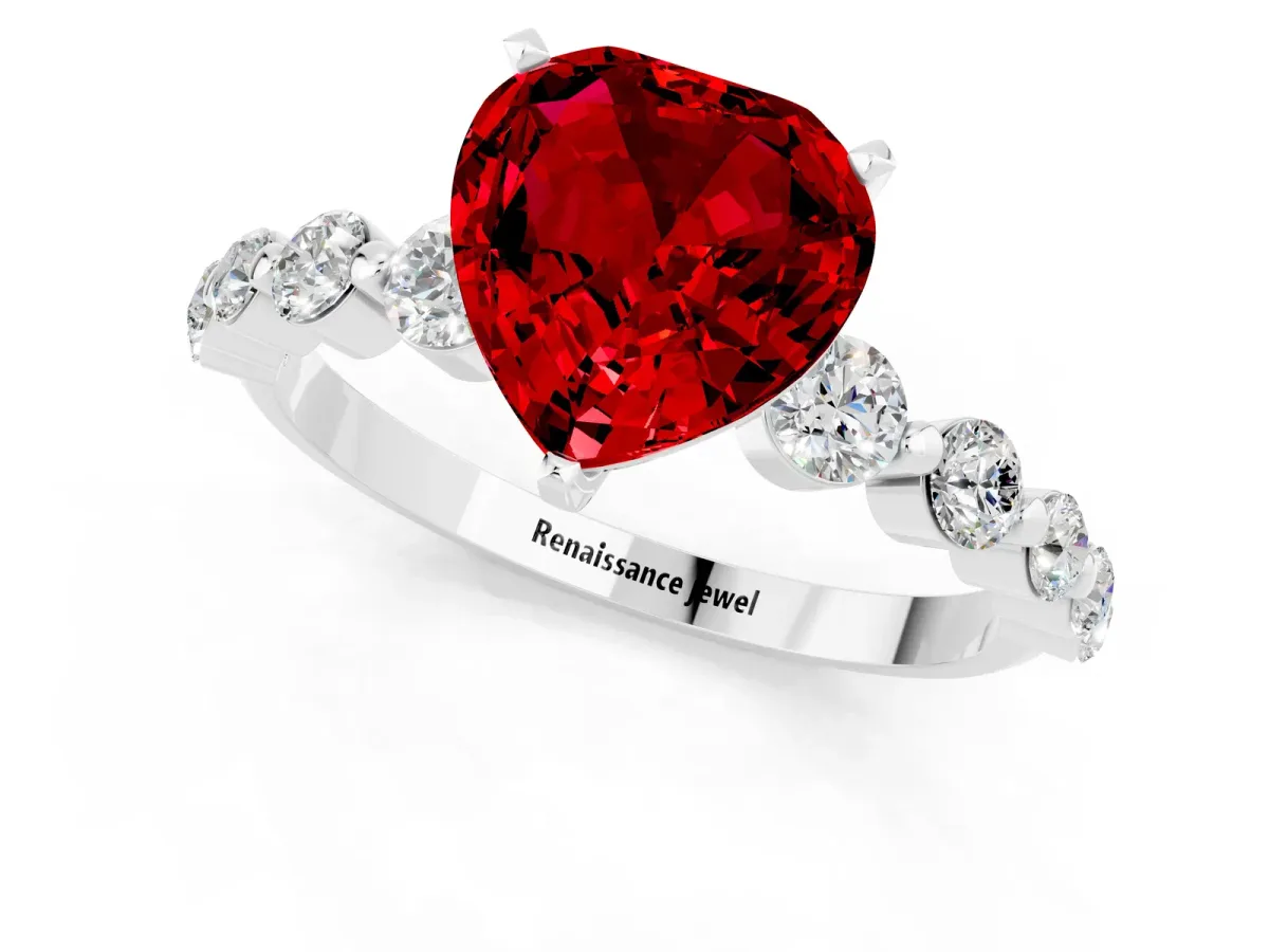 Heart Cut Solitaire Ruby Ring with Pave Band and Four-Prong Setting White gold