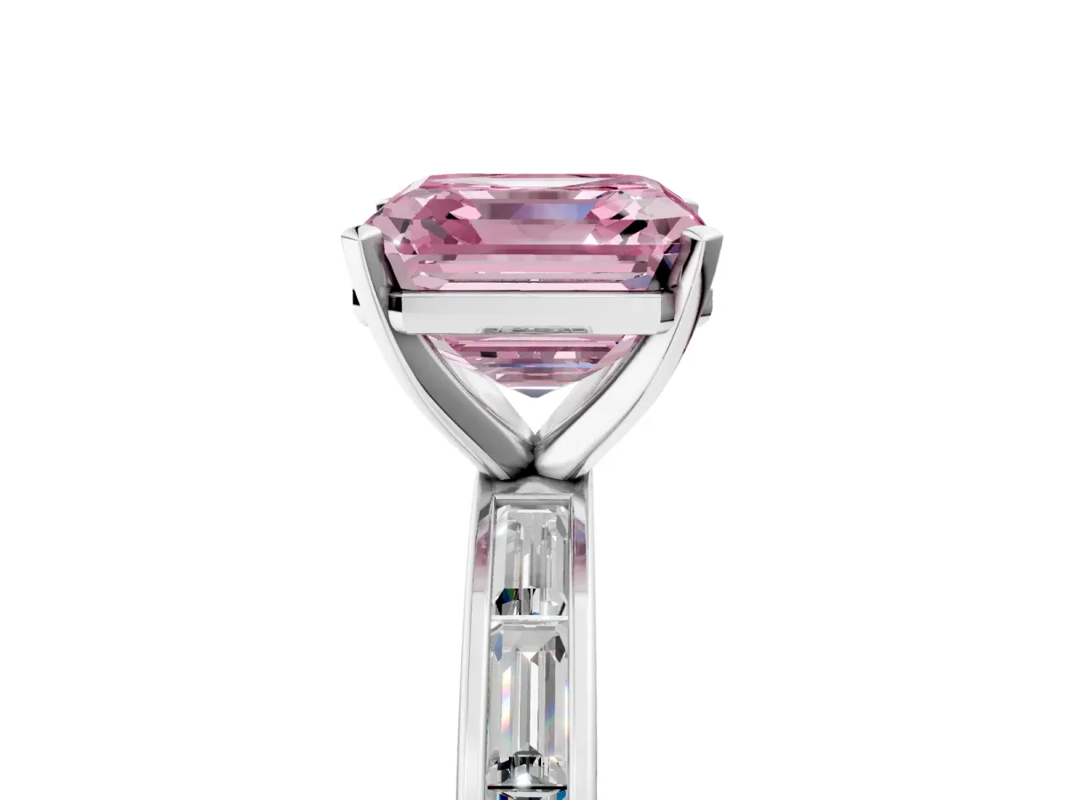 Fancy Pink Asscher Cut Solitaire Diamond Ring with Channel-Set Baguette Band and Four-Prong Setting White gold