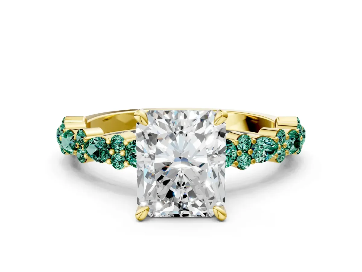Radiant Cut Diamond Side Stone Solitaire Ring with Round Green Sapphire and Four-Prong Setting Yellow gold