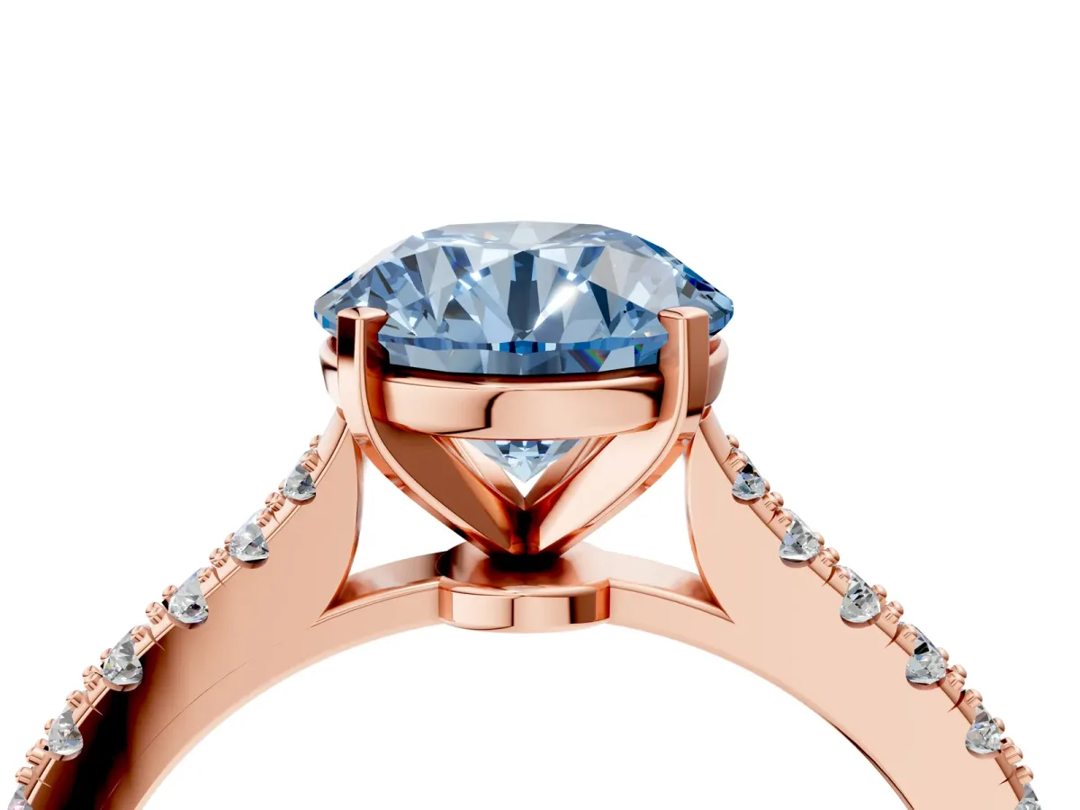 Fancy Blue Asscher Cut Cut Solitaire Diamond Engagement Ring with Pave Band and Four-Prong Setting Rose gold