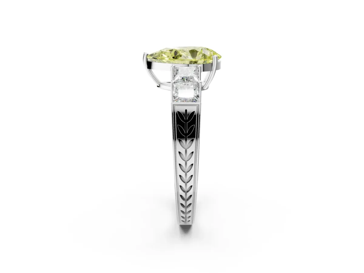 Fancy Yellow Pear Cut Solitaire Princess Side Stone Engraved Band Prong Setting Ring Platinum