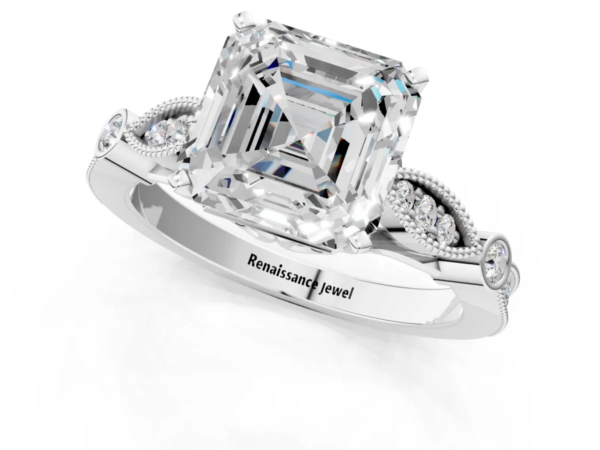 Asscher Cut Cut Diamond with Milgrain Marquise and Bezel Accents on a Solitaire Band with Prong Setting Silver