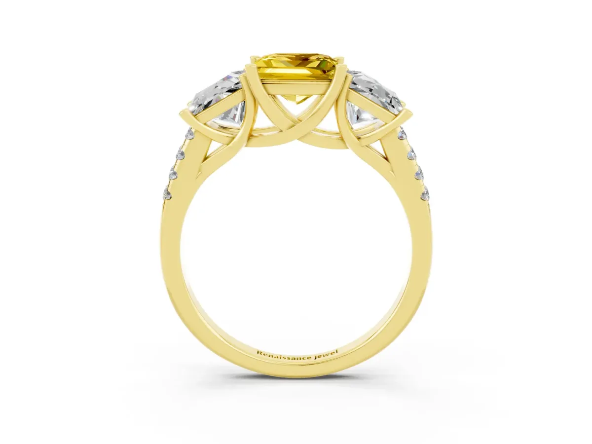Three-Stone Princess Cut Yellow Sapphire Ring with Round Pavé Band and Prong Setting Yellow gold