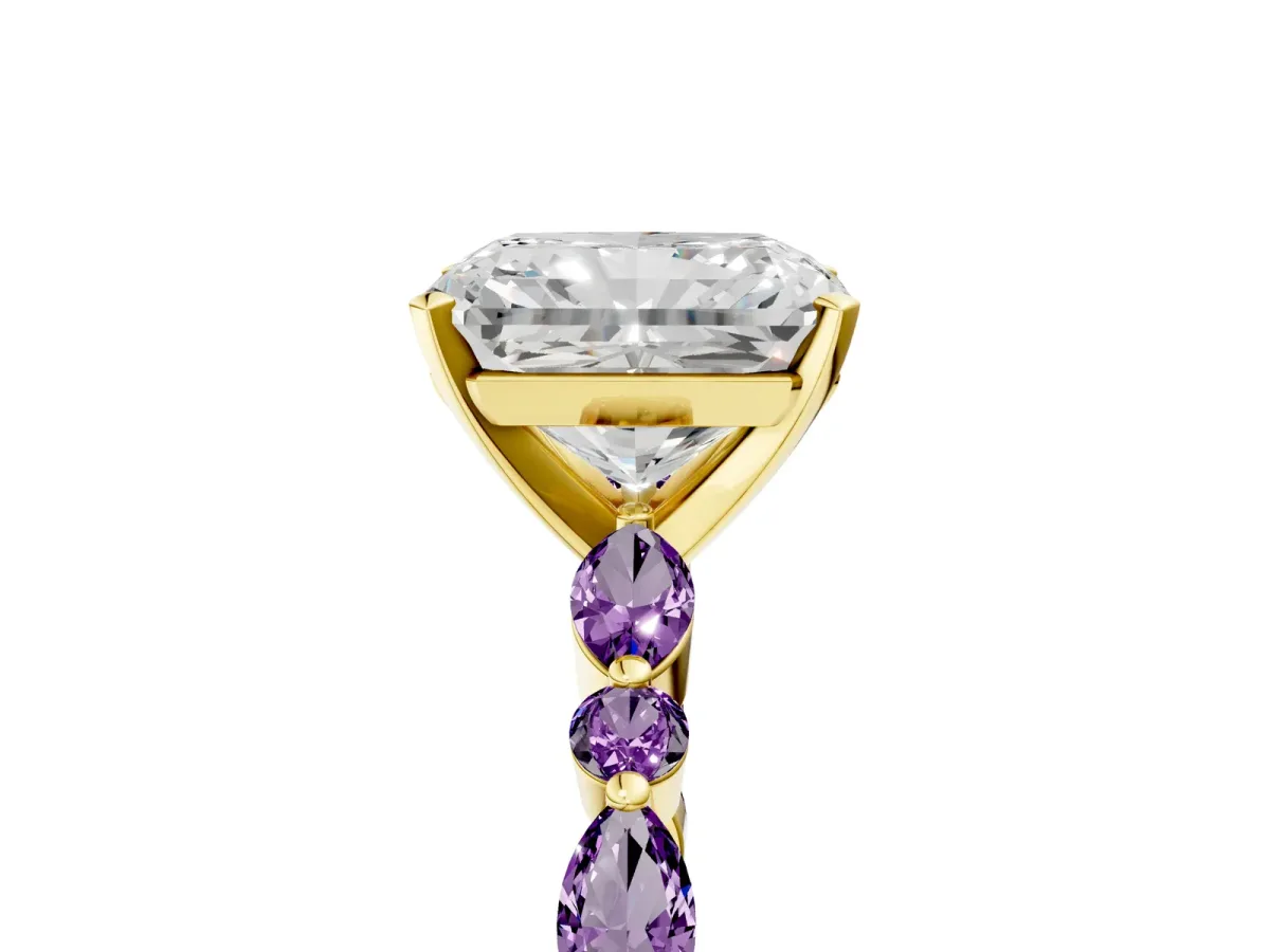 Radiant Cut Diamond Ring with Marquise and Round Amethyst Side Stones and Four-Prong Setting Yellow gold