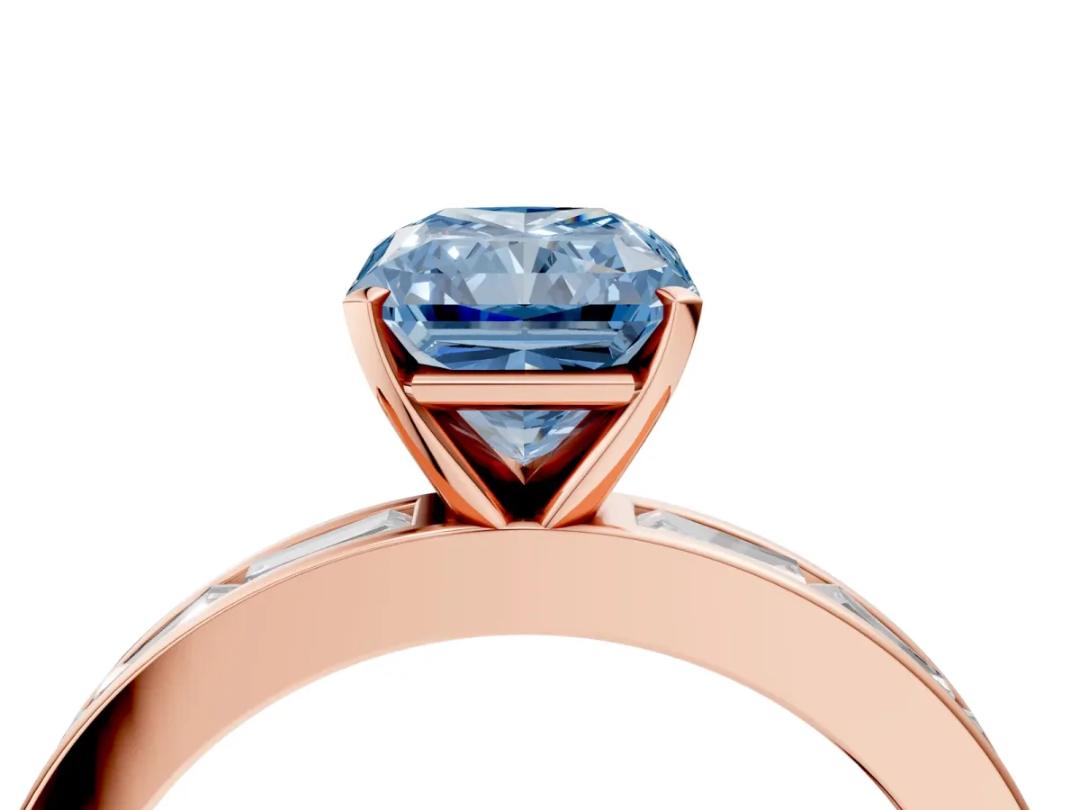 Fancy Blue Radiant Cut Solitaire Diamond Ring with Channel-Set Baguette Band and Four-Prong Setting Rose gold