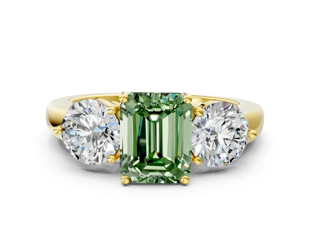 Fancy Green Emerald Cut Diamond Three-Stone Ring with Prong Setting and Classic Band Yellow gold