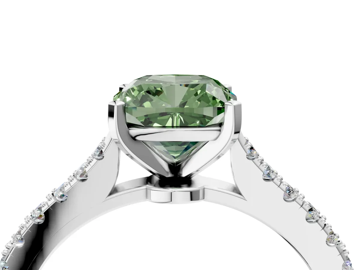 Fancy Green Cushion Cut Cut Solitaire Diamond Engagement Ring with Pave Band and Four-Prong Setting White gold