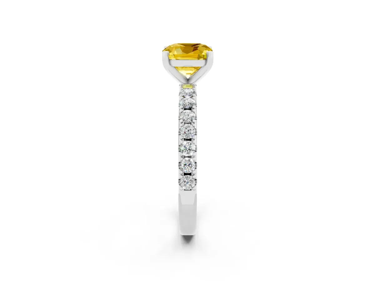 Cushion Cut Yellow Sapphire Solitaire Pavé Band with Four-Prong Setting Silver