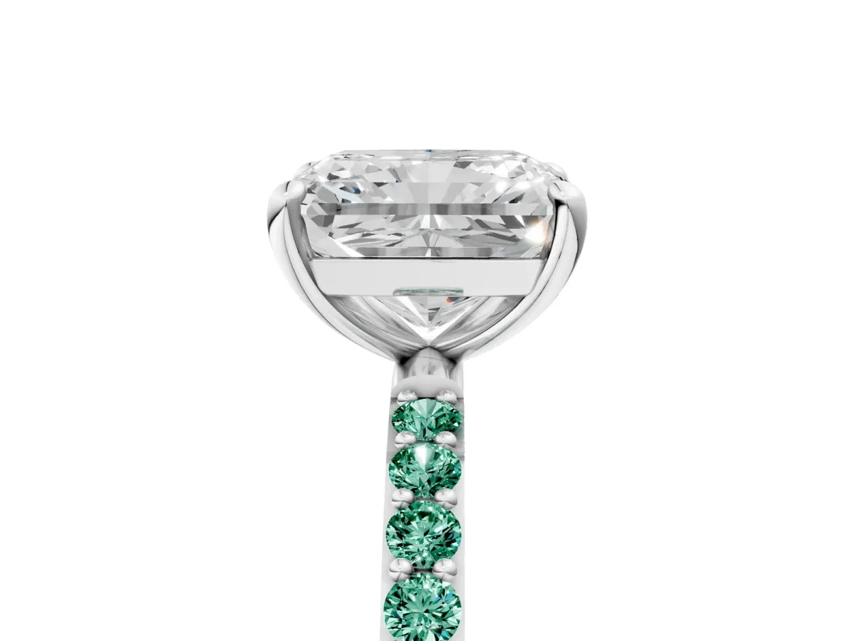 Radiant Cut Diamond Solitaire Ring with Round Green Sapphire Pavé Band and Prong Setting White gold