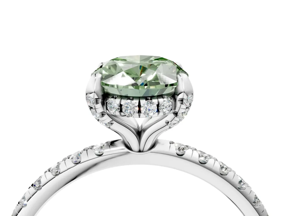 Fancy Green Oval Cut Diamond Hidden Halo Engagement Ring with Round Pavé Band and Prong Setting Silver