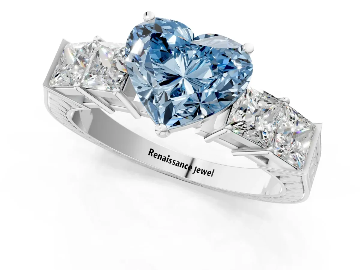 Fancy Blue Heart Cut Solitaire Princess Side Stone Engraved Band Prong Setting Ring Silver