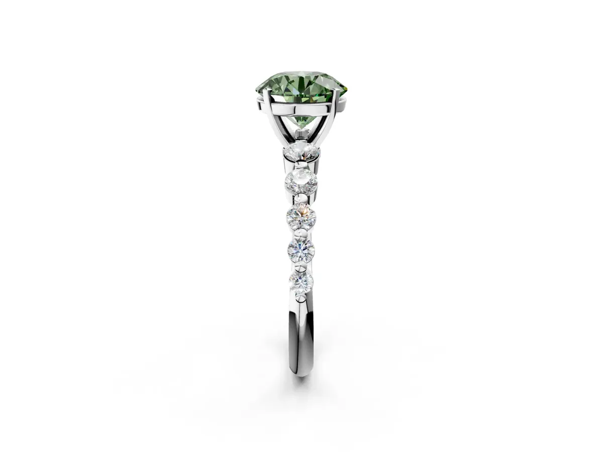 Fancy Green Round Cut Solitaire Diamond Ring with Pave Band and Four-Prong Setting Silver