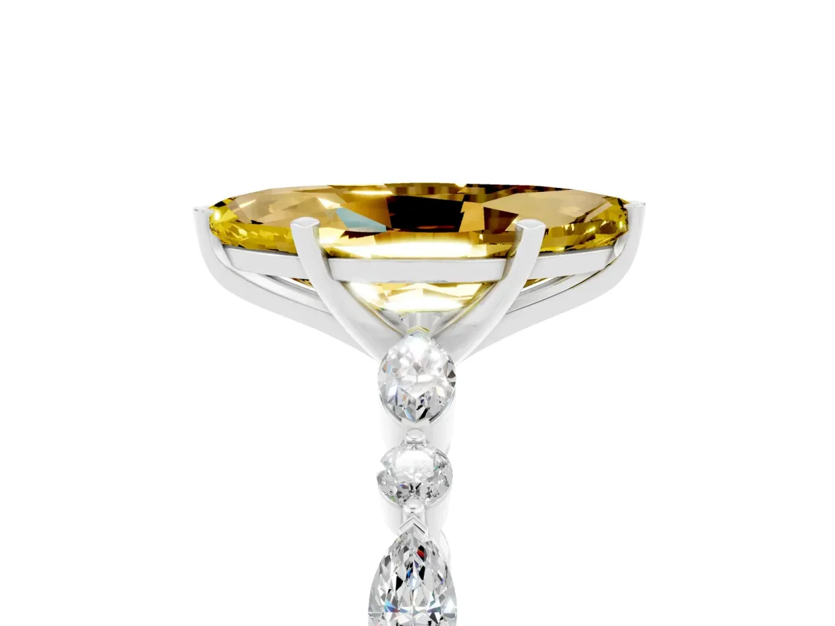 Marquise Cut Yellow Sapphire Ring with Marquise and Round Side Stones and Four-Prong Setting White gold