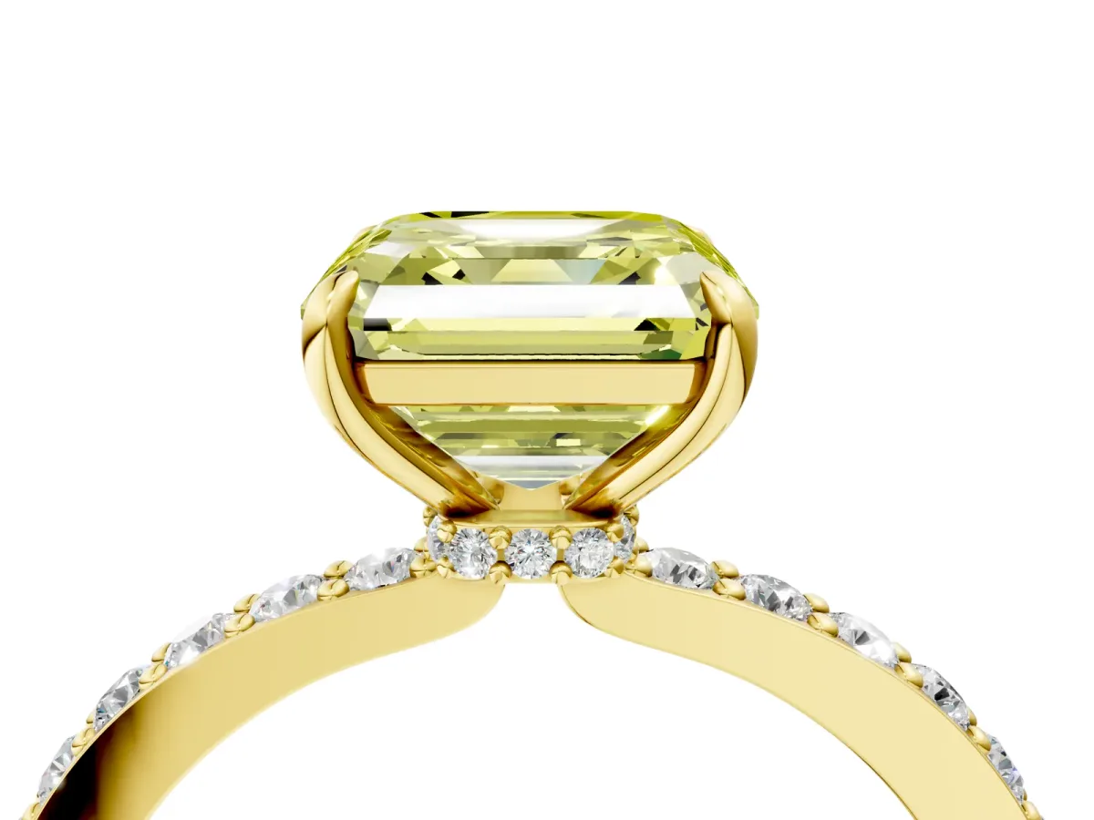 Fancy Yellow Asscher Cut Diamond Solitaire Engagement Ring with Pavé Band and Four-Prong Setting Yellow gold