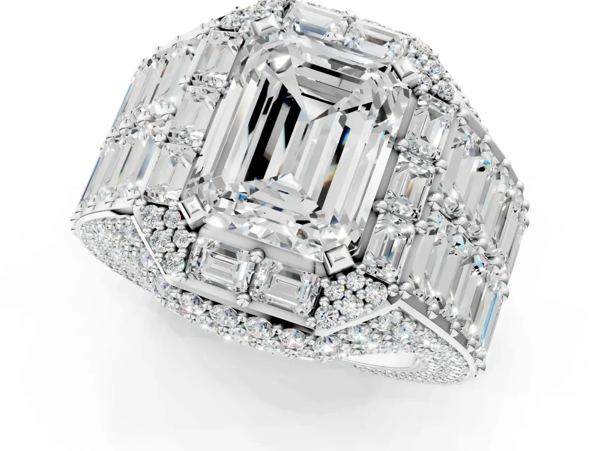 Emerald Cut Diamond Pavé Statement Mens Ring with Baguette Accents White gold