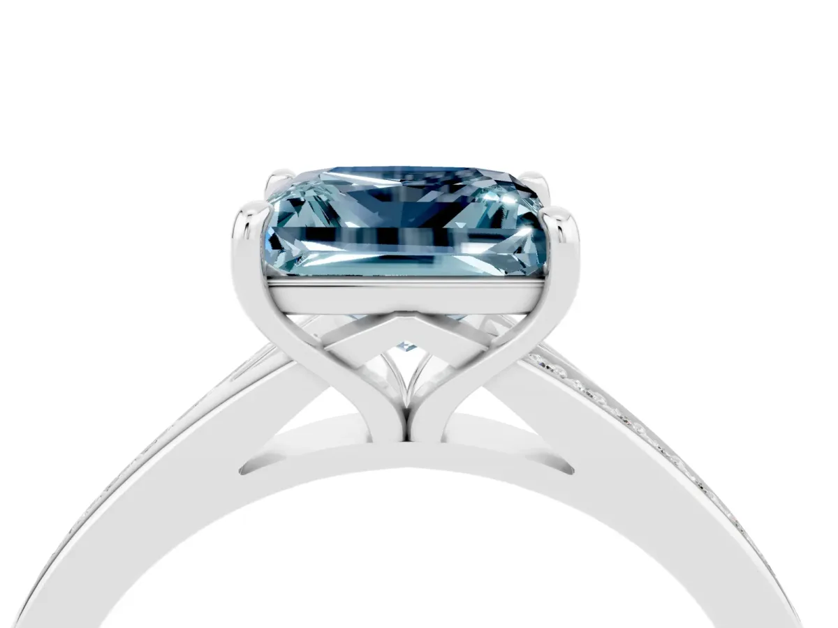 Princess Cut Aquamarine Solitaire Ring with Pavé Band and Prong Setting Silver