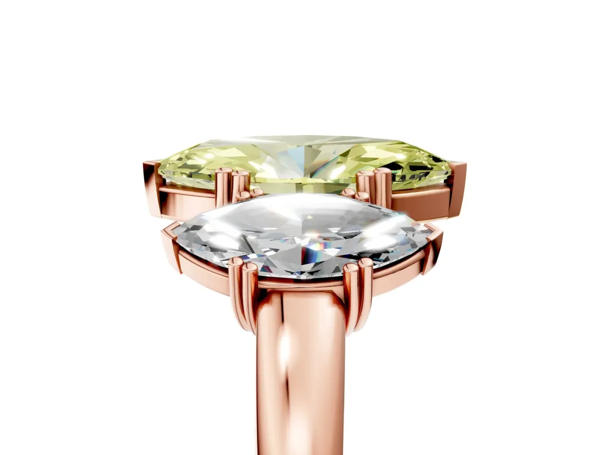 Fancy Yellow Three-Stone Marquise Cut Cut Diamond Ring with Channel Set Band and Four-Prong Setting Rose gold