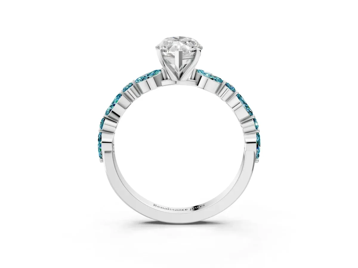 Marquise Cut Diamond Ring with Marquise and Round Blue Topaz Side Stones and Four-Prong Setting Platinum