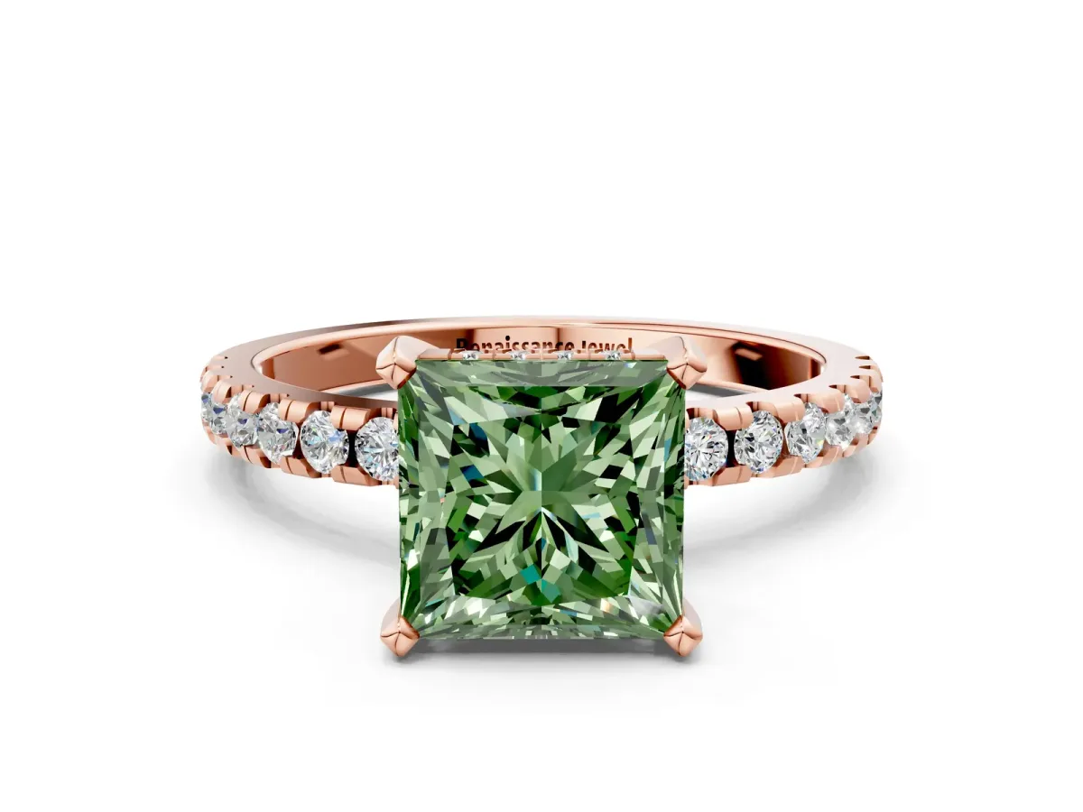 Fancy Green Princess Cut Diamond Solitaire Ring with Round Pavé Band and Four-Prong Setting Rose gold