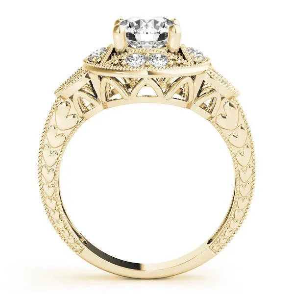 Round Cut Halo Milgrain Diamond Engagement Ring with Leaf Band and Four-Prong Setting Yellow gold