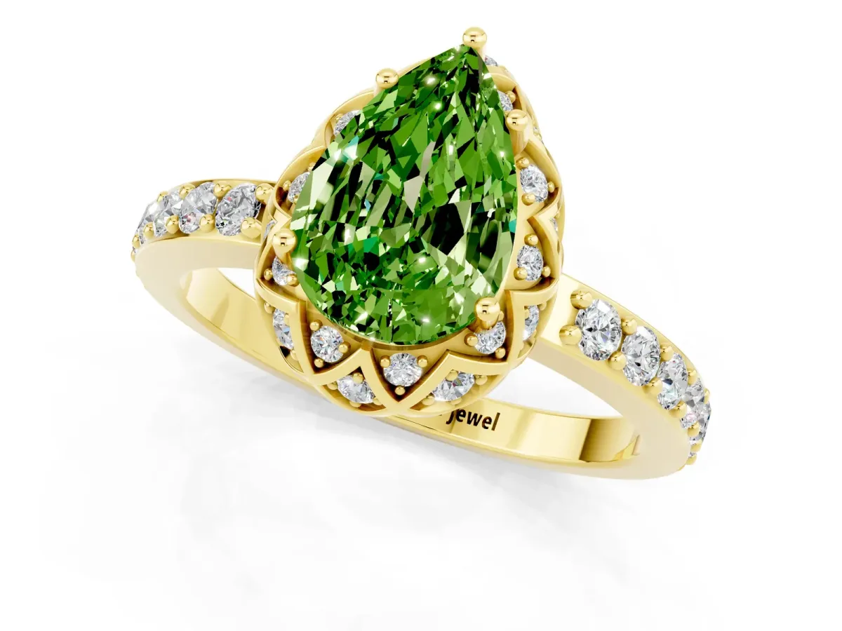 Pear Cut Peridot Scalloped Halo Engagement Ring with Round Shared Prong Band Yellow gold